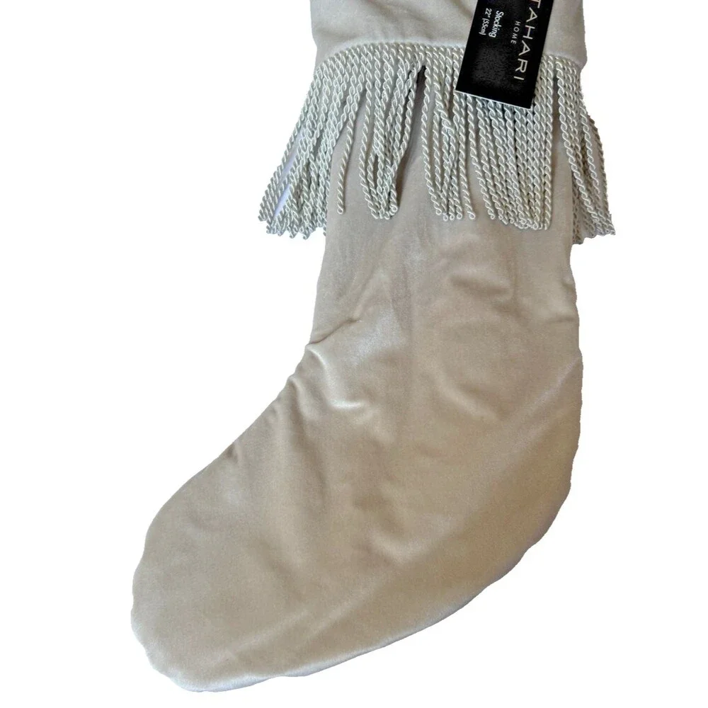 Tahari Home Gray Velvet Christmas Stocking Bullion Fringe Fleece Lined 22